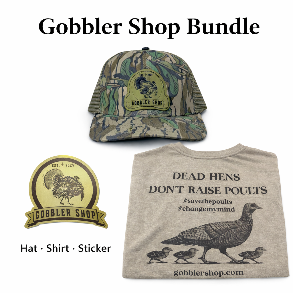 Dead Hens Don’t Raise Poults Shirt, Gobbler Shop Hat & Sticker bundle